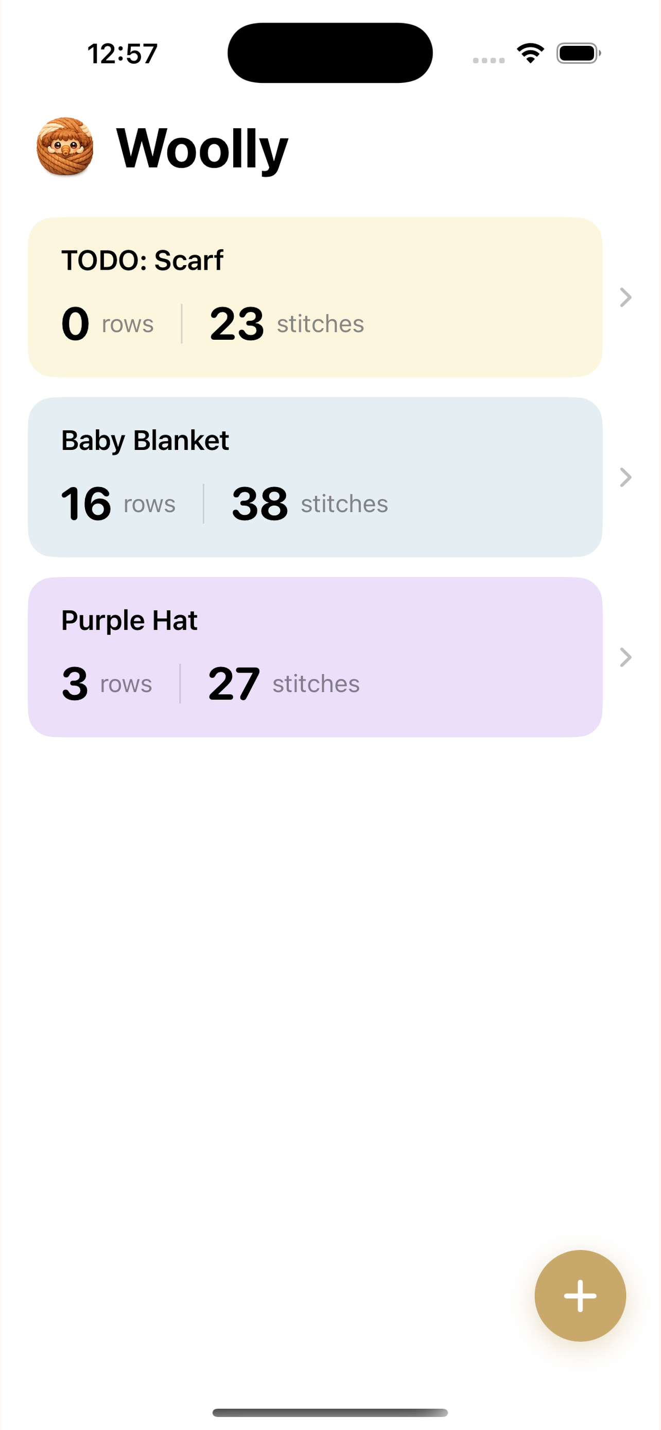 Project list showing multiple knitting projects