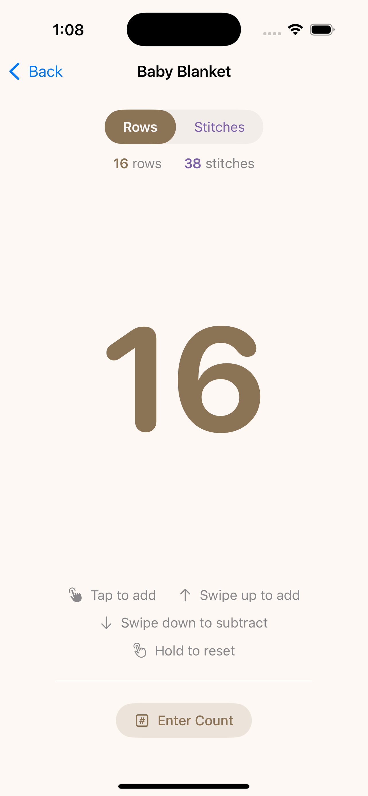 Counter view with large row count display